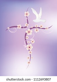 Christian cross with flowers and dove on pink and lilac background