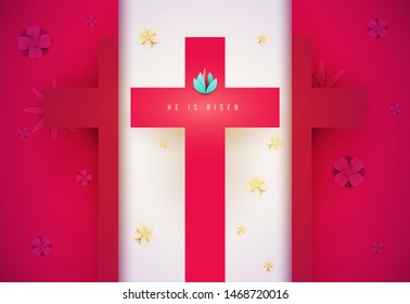 Christian cross with flowers in minimal trendy geometric paper cut style. Creative modern religious concept. Colorful vector illustration. Background for greeting card, banner, cover.