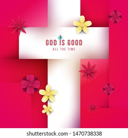 Christian cross with flowers in minimal trendy geometric paper cut style. Creative modern religious concept. Colorful vector illustration. Background for greeting card, banner, cover.