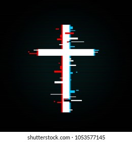 Christian cross in glitch, tv, vhs design, vector illustration isolated on black background with gradient lines