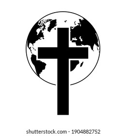 Christian cross with globe icon. Black religion logo. Vector illustration. Abstract christian logo