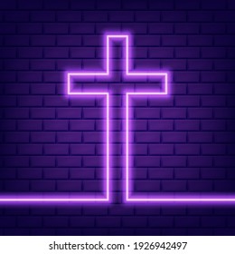 Christian cross glowing neon sign or LED strip light. Vector illustration. Eps 10.