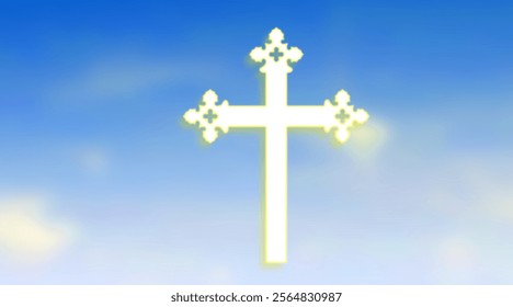 Christian cross with god ray on blue sky background,  christian cross sky background
