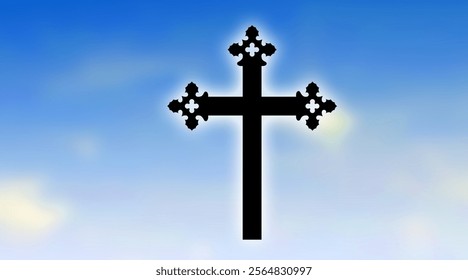 Christian cross with god ray on blue sky background,  christian cross sky background
