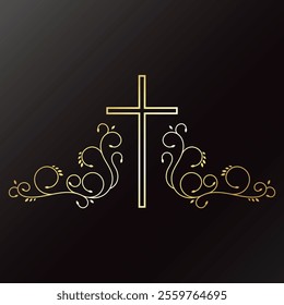 Christian cross with golden beautiful plant pattern