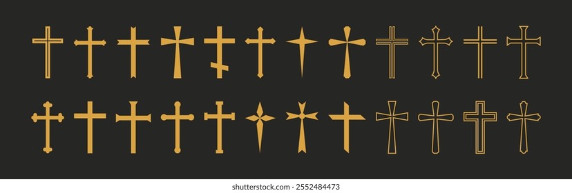 Símbolo de color dorado cruz cristiana sobre fondo negro. Diferente estilo de oro de la religión de Cristo icono de colección Ilustración vectorial