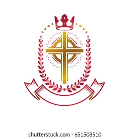 Christian Cross golden emblem created with royal crown, laurel wreath and luxury ribbon. Heraldic Coat of Arms decorative logo isolated vector illustration. Religion and spirituality symbol.