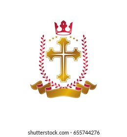 Christian Cross golden emblem created with royal crown, laurel wreath and luxury ribbon. Heraldic Coat of Arms decorative logo isolated vector illustration. Religion and spirituality symbol.