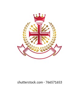 Christian Cross golden emblem created with royal crown, laurel wreath and luxury ribbon. Heraldic Coat of Arms decorative logo isolated vector illustration. Religion and spirituality symbol.