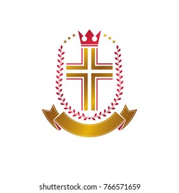 Christian Cross golden emblem created with royal crown, laurel wreath and luxury ribbon. Heraldic Coat of Arms decorative logo isolated vector illustration. Religion and spirituality symbol.