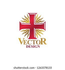 Christian Cross golden emblem decorated with luxury ribbon. Heraldic Coat of Arms decorative logo isolated vector illustration. Religion and spirituality theme symbol.