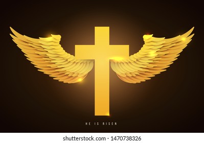 Christian cross with golden wings in minimal trendy geometric paper cut style. Creative modern religious concept. Colorful vector illustration. Background for greeting card, banner, cover.