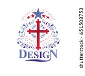 Christian Cross gothic emblem created with pentagonal star and laurel wreath. Heraldic Coat of Arms decorative logo isolated vector illustration. Religion and spirituality art symbol.