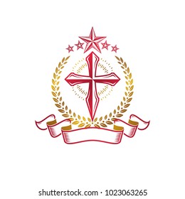 Christian Cross gothic emblem created with pentagonal star and laurel wreath. Heraldic Coat of Arms decorative logo isolated vector illustration. Religion and spirituality art symbol.