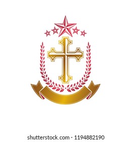 Christian Cross gothic emblem created with pentagonal star and laurel wreath. Heraldic Coat of Arms decorative logo isolated vector illustration. Religion and spirituality art symbol.