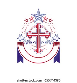 Christian Cross gothic emblem created with pentagonal star and floral ornament. Heraldic Coat of Arms decorative logo isolated vector illustration. Religion and spirituality art symbol.