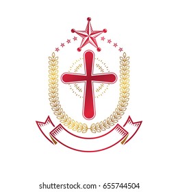 Christian Cross gothic emblem created with pentagonal star and laurel wreath. Heraldic Coat of Arms decorative logo isolated vector illustration. Religion and spirituality art symbol.