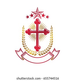 Christian Cross gothic emblem created with pentagonal star and laurel wreath. Heraldic Coat of Arms decorative logo isolated vector illustration. Religion and spirituality art symbol.