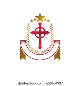Christian Cross gothic emblem created with pentagonal star and laurel wreath. Heraldic Coat of Arms decorative logo isolated vector illustration. Religion and spirituality art symbol.