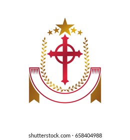 Christian Cross gothic emblem created with pentagonal star and laurel wreath. Heraldic Coat of Arms decorative logo isolated vector illustration. Religion and spirituality art symbol.