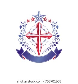 Christian Cross gothic emblem created with pentagonal star and floral ornament. Heraldic Coat of Arms decorative logo isolated vector illustration. Religion and spirituality art symbol.