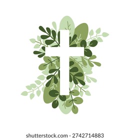 Christian Cross and Green Foliage. Easter Cross, Spring Leaves. Holy Spirit. Religious. Botanical Greenery and Cross for Church, Calendars, Holiday Cards, Baptism, Christening Invitation. Catholic Religious symbol
