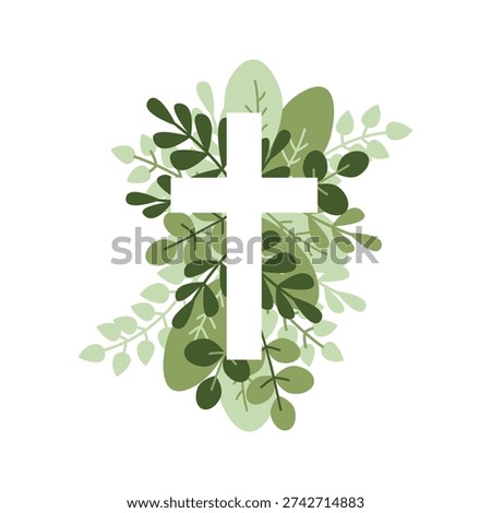 Christian Cross and Green Foliage. Easter Cross, Spring Leaves. Holy Spirit. Religious. Botanical Greenery and Cross for Church, Calendars, Holiday Cards, Baptism, Christening Invitation. Catholic Religious symbol