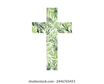 Christian cross of green leaves for church, calendars, holiday cards, invitations, baptism. Easter catholic religious. Eucalyptus botanical greenery and cross. Christening. Holy Spirit. Religious