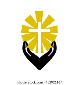 Christian cross with hand icon. Template logo for churches organizations