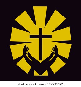 Christian cross with hand icon. Template logo for churches organizations