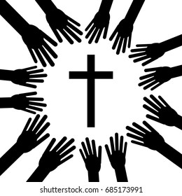 Christian cross with hands. Faith and religion. Vector illustration