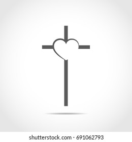 Christian cross with heart. Gray Christian cross on light background. Vector illustration.