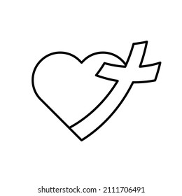 Christian Cross With Heart Icon. Black Religion Icon. Church Symbol. Vector Illustration