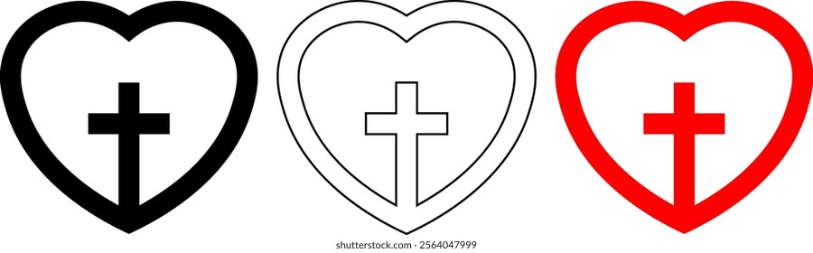 Christian cross with heart icon set