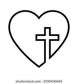 Christian cross in heart, Jesus Christ line illustration.