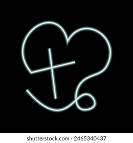 Christian Cross and heart in linear in neon effect