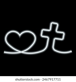 Christian Cross and heart in linear in neon effect