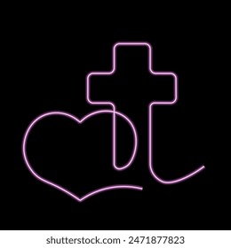 Christian Cross and heart in linear in neon effect