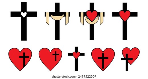 Christian cross with heart or love, vector Jesus Christ, religion symbol, Easter, Christening. Holy Spirit. Religious. Baptism Christening Invitation	