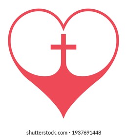 Christian cross in the heart symbol of faith in God, vector red heart with crucifix cross sign of the Christian Community