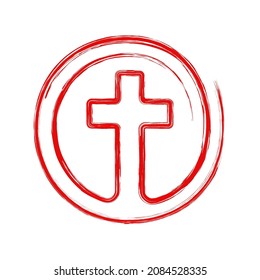 Christian cross icon. Abstract hand drawn religious logo. Drawing cross icon. Vector illustration. Red symbol of church