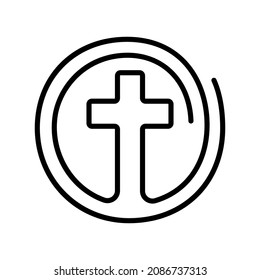 Christian cross icon. Abstract religious logo. Christian cross icon in a circle. Vector illustration. Linear symbol of church