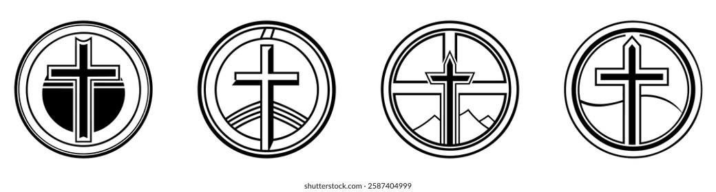 Christian cross icon. Abstract round christian cross logo. Set of black church symbols. Vector illustration