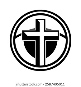 Christian cross icon. Abstract round christian cross logo. Black church symbol.