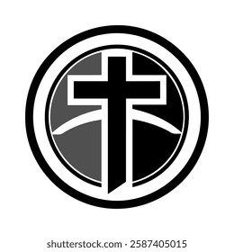 Christian cross icon. Abstract round christian cross logo. Black church symbol.