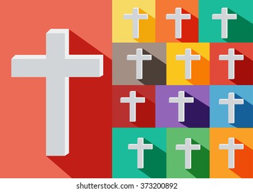 Christian Cross Icon. Alternative color options , green,yellow,violet,orange.shadow.
