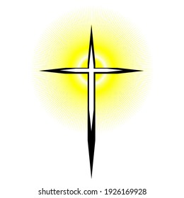 Christian Cross icon. Church cross. Religious vector symbol with yellowish light