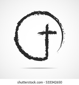 Christian cross icon in the circle. Black christian cross sign isolated on white background. Vector illustration.