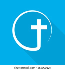 Christian cross icon in the circle with long shadow. White christian cross sign on blue background. Vector illustration.