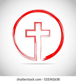 Christian cross icon in the circle. Red christian cross sign isolated on white background. Vector illustration.